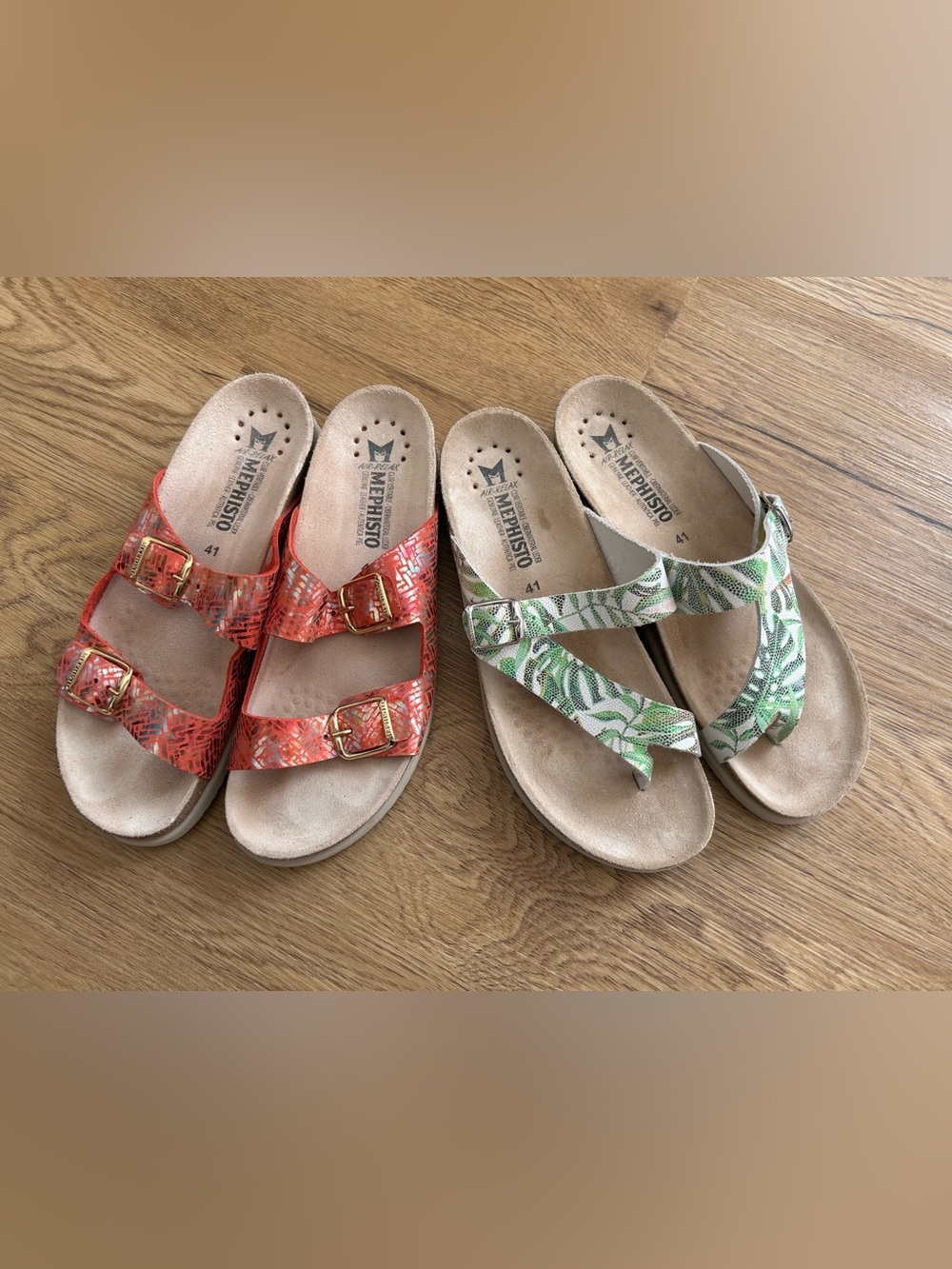 Mephisto NEW! Size 41 (10/11) Two-Strap Slide Sandals - Coral & Green Leaf